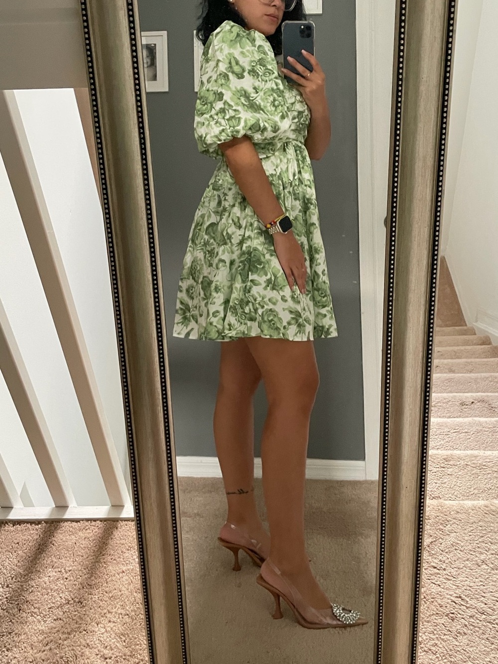 Abercrombie & Fitch Green Floral Square-Neck Puff Sleeve Mini Dress - Picture 2 of 4